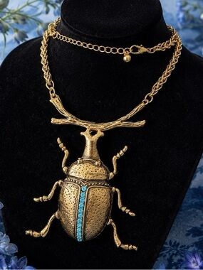 Gold Beetle Pendant Necklace with Turquoise Accents - Women Jewelry